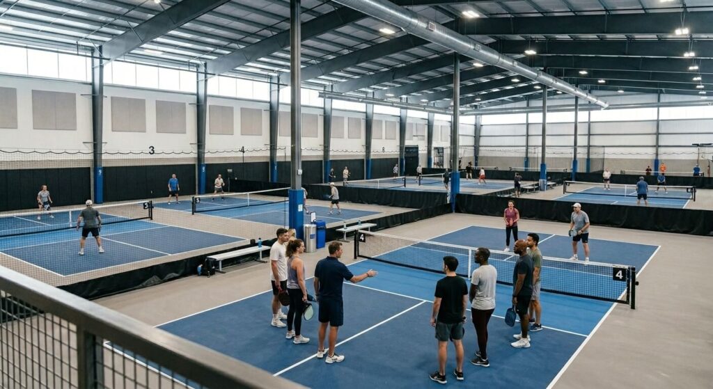 Beginner pickleball players listening to an instructor at an indoor clinic with players in the background