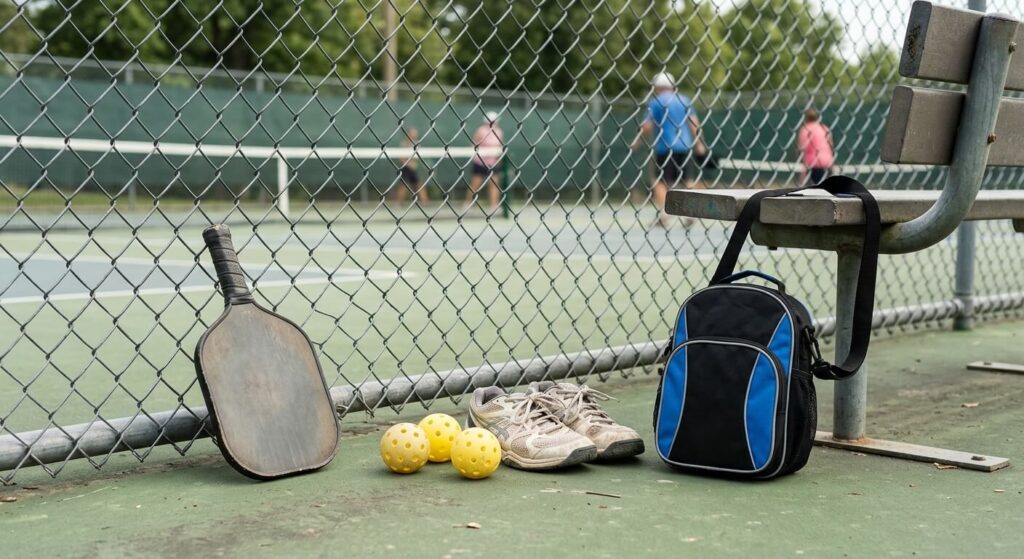 Pickleball paddle, balls, court shoes, and bag beside an outdoor court