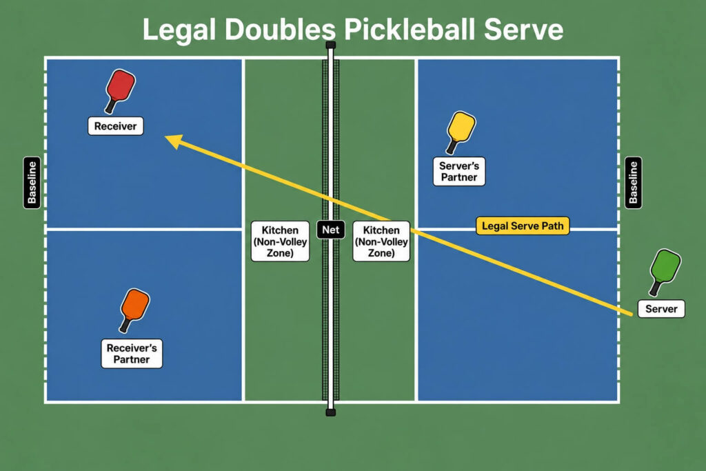 Diagram showing doubles pickleball serving position and diagonal serve path