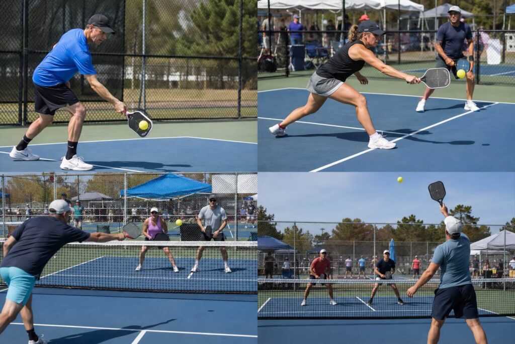 Collage of players hitting common pickleball shots during match play