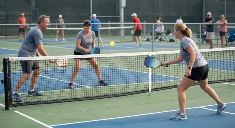 Beginner pickleball players competing in a doubles game on an outdoor court