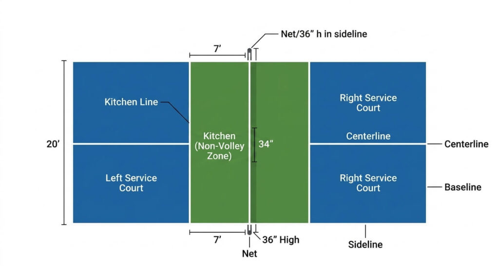 Pickleball court diagram showing the kitchen, service courts, baseline, and net