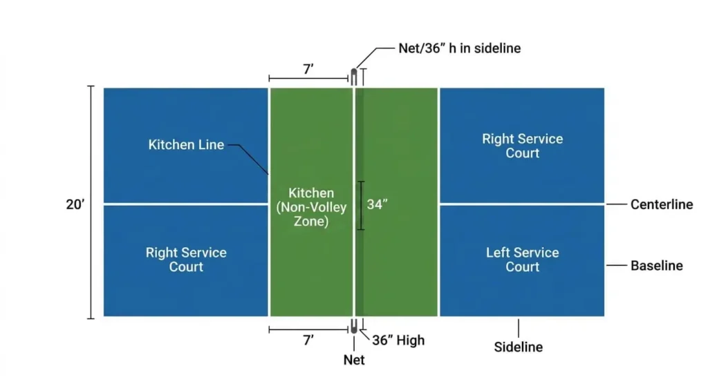 Pickleball court diagram showing the kitchen, service courts, baseline, and net