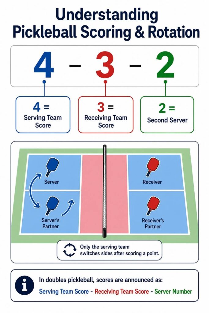 Infographic explaining pickleball scoring format and doubles player rotation