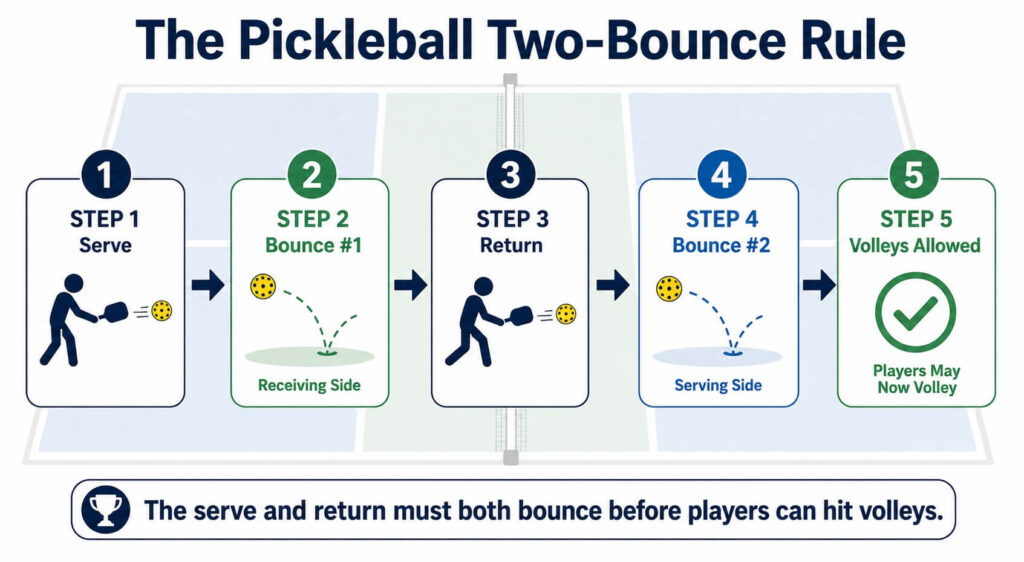 Diagram showing the two-bounce rule before volleys are allowed in pickleball