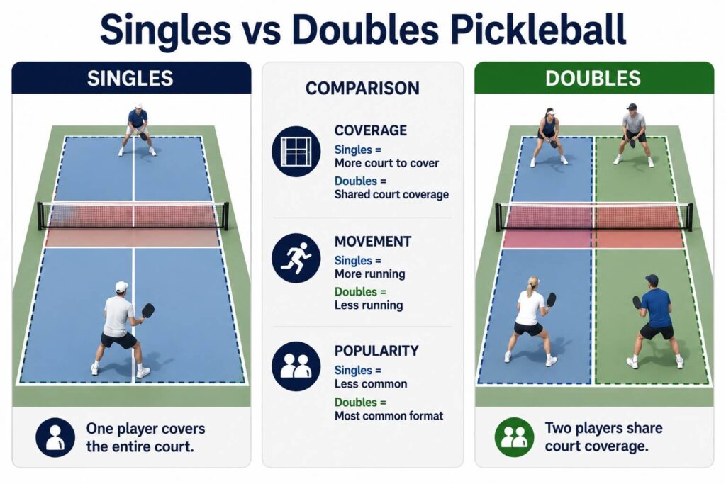 Comparison of singles and doubles pickleball court coverage and player positioning