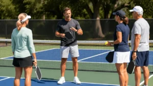 Male instructor explaining pickleball rules to a group