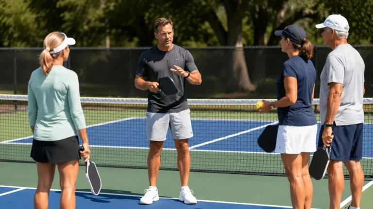 Male instructor explaining pickleball rules to a group