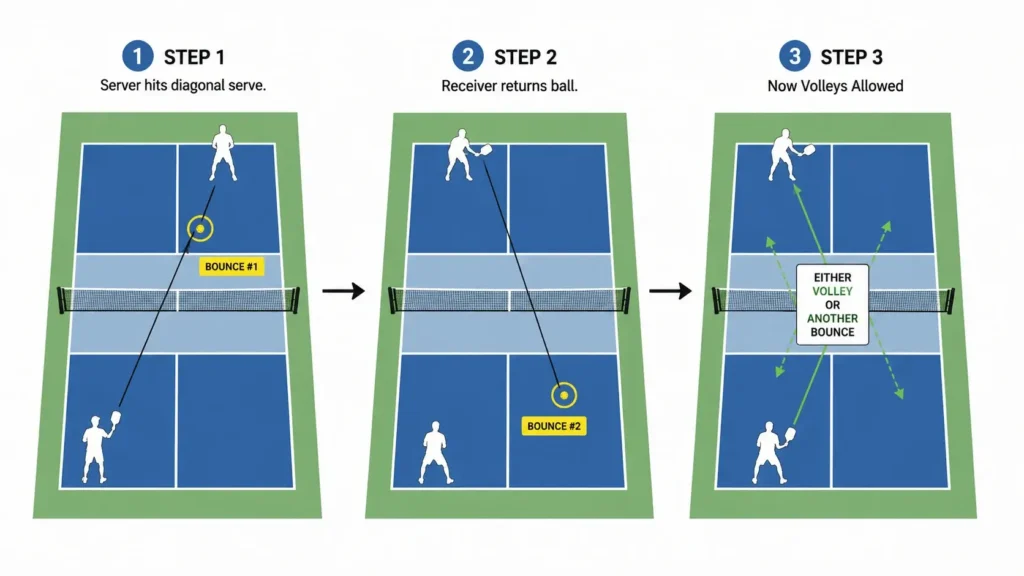 Pickleball two bounce rule infographic