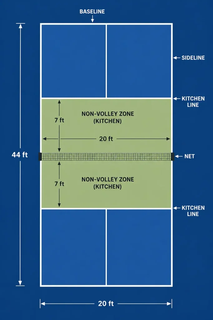 Pickleball kitchen diagram showing the 7-foot by 20-foot non-volley zone