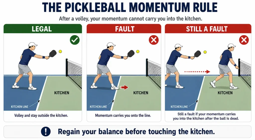 Pickleball momentum rule infographic showing faults