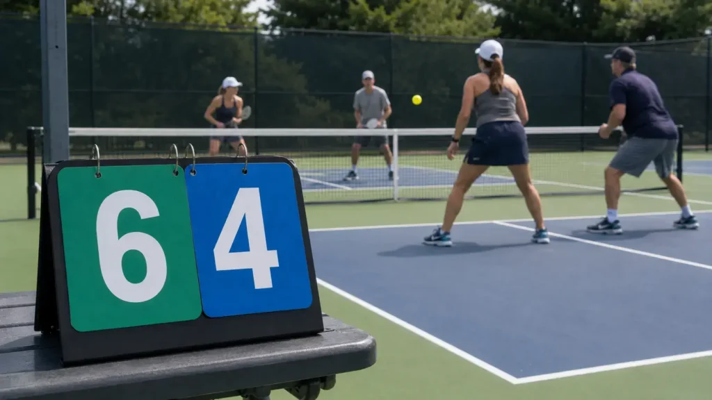Pickleball scoreboard showing a 6-4 score during a doubles game