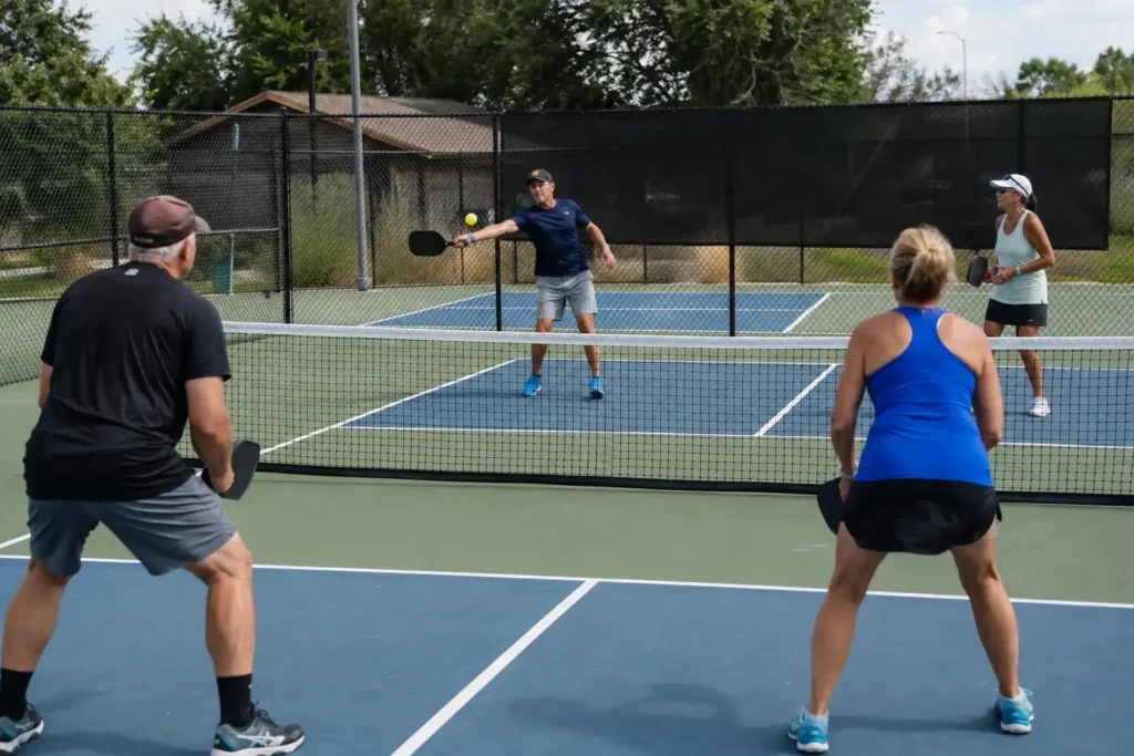 Pickleball players volleying near the kitchen line