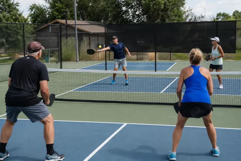 Pickleball players volleying near the kitchen line