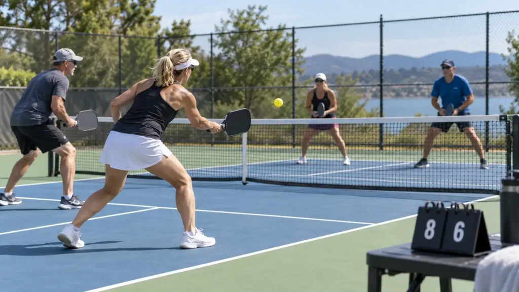 Doubles pickleball game using rally scoring
