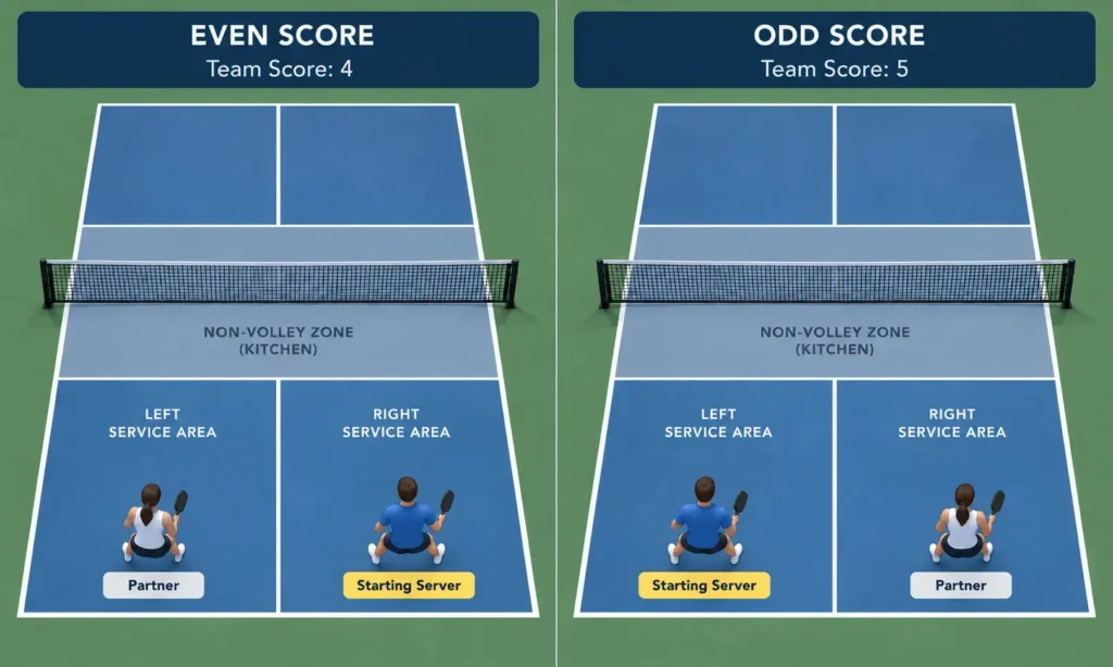 Doubles pickleball rally scoring positions for even and odd scores