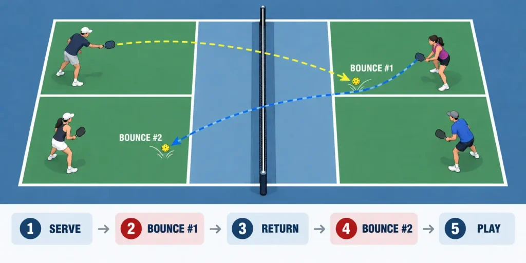 Diagram showing the two-bounce rule in pickleball