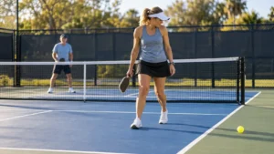 Pickleball players looking at an out-of-bounds ball.